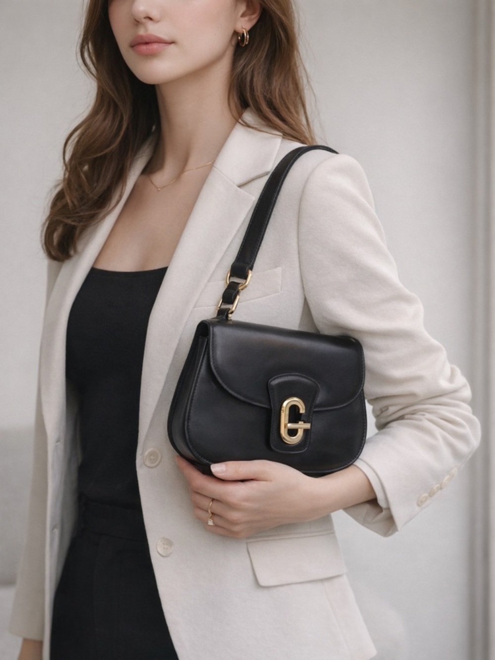Vintage Gucci Black Leather Shoulder Bag Gold G Clasp Made in Italy Classic